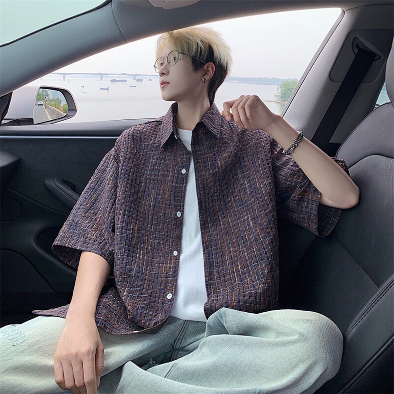 B221美式ins高街宽松薄款泡泡格短袖衬衫SY2548-特P35控59,男装衬衫,电商B221