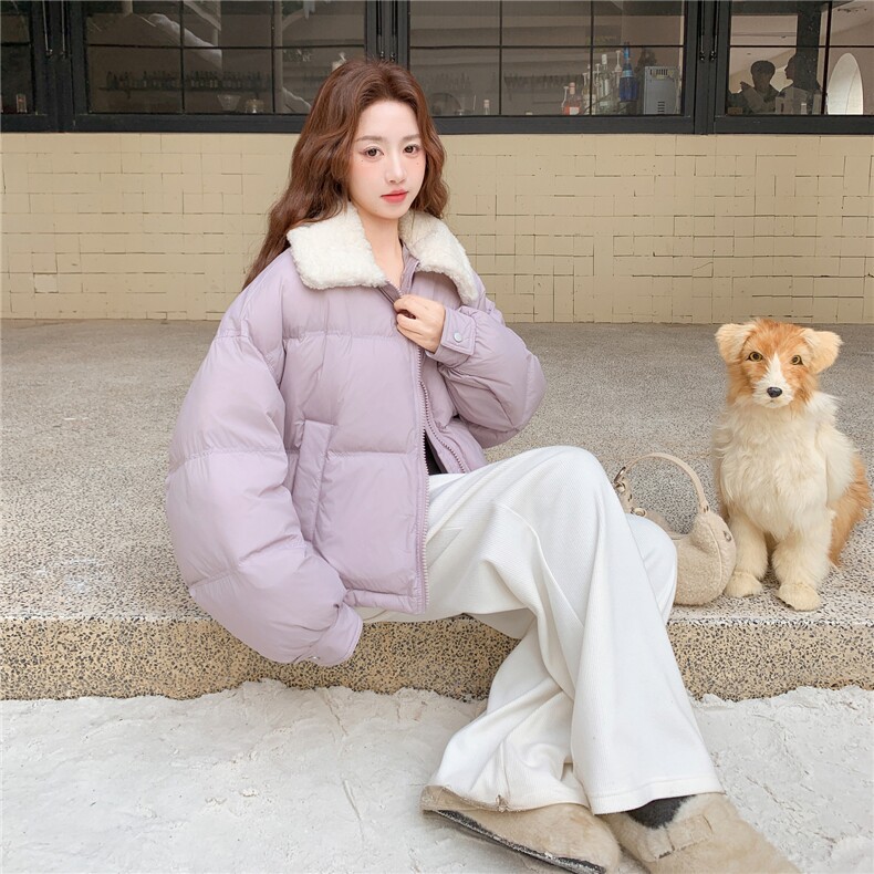 韩系短款紫色羊羔毛领羽绒服女冬2025新款超好看小个子白鸭绒外套,女装羽绒服,2B187