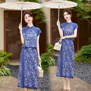新中式棉麻套装裙女2024夏天新品气质高端麻料苎麻印花时尚两件套图片