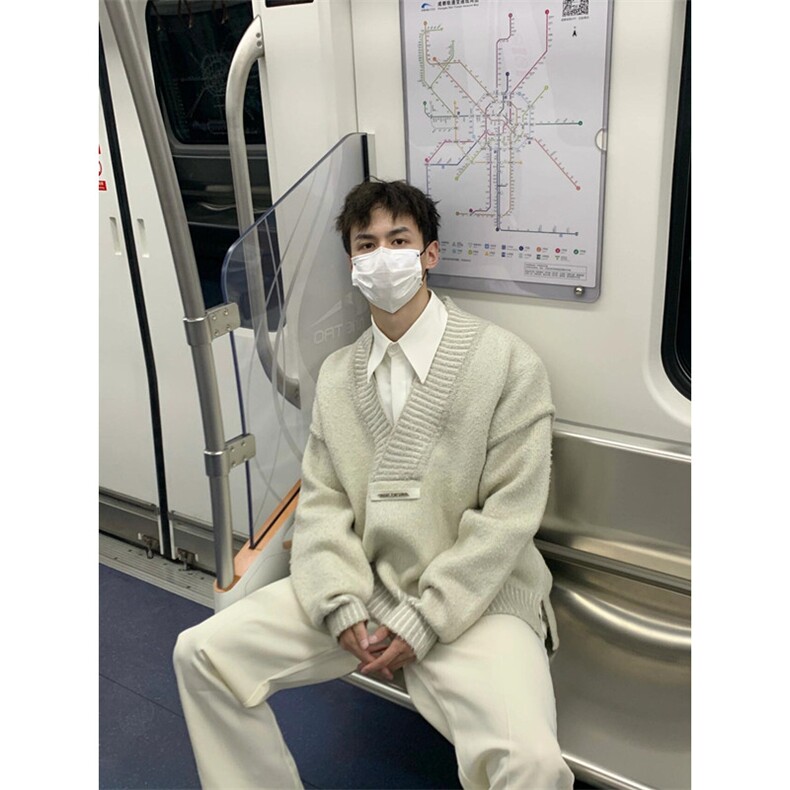 白杏色重磅V领套头毛衣文艺范复古毛衫针织衫M6318,男装针织衫/毛衣,星座1116A（原606A-3）