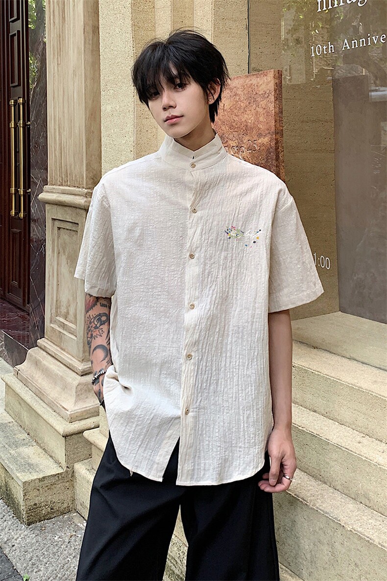 新中式印花短袖衬衫男5XT3033-TP3558夏季肌理感小立领衬衣,男装衬衫,电商A102