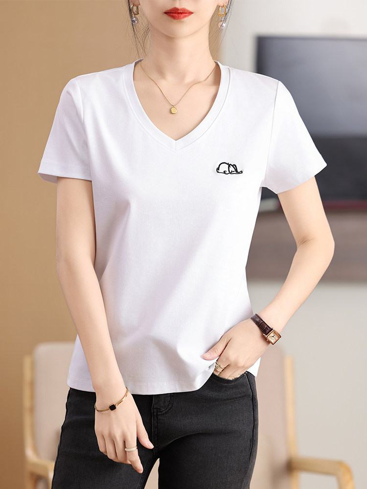 2025款夏季简约V领短袖t恤女丝光棉百搭修身上衣纯色打底衫,女装T恤,元素羊绒