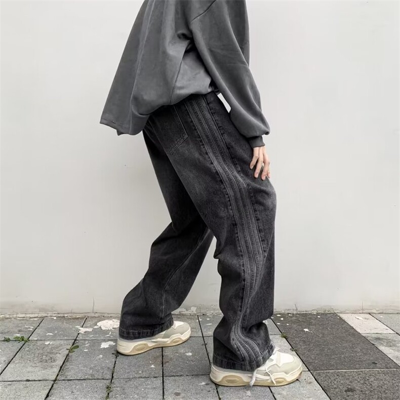 抽绳微喇黑色牛仔裤男秋冬欧美高街hiphop垂感裤子潮牌痞帅直筒裤图片