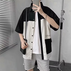 夏季港风男士拼接短袖衬衫宽松休闲百搭衬衣外套，男装衬衫，星座1013