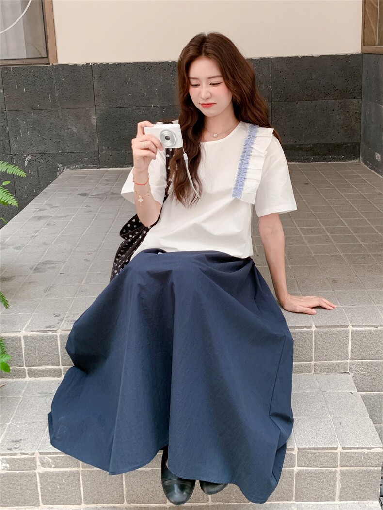 法式复古半身裙女2025夏季宽松气质简约松紧腰长裙花边上衣两件套,女装套装/套裙,慧尚依恋