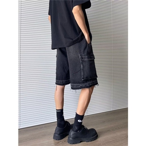 美式街头风做旧毛边牛仔短裤男直筒宽松工装五分裤J811 P53图片