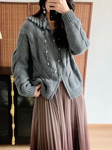 纯色山羊绒开衫女POLO领宽松针织衫毛衣外套图片