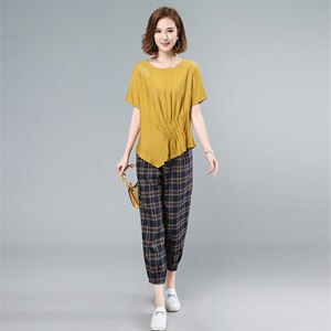 2021夏季新款气质圆领绣花褶皱格子休闲裤套装,女装套装/套裙,叶笙衣