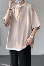 8XL-M重磅斜纹假两件短袖t恤男夏季薄款宽松大码半袖体恤DT006P45，男装T恤，电商B312