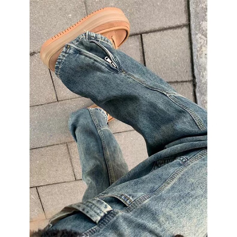 美式高街黄泥拉链开叉牛仔裤男潮牌修身小众百搭长裤RK2960-P51，男装牛仔裤，星座412-3