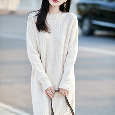 2025百搭时尚简约圆领麻花长袖羊毛长裙，女装连衣裙，蒙特羊绒