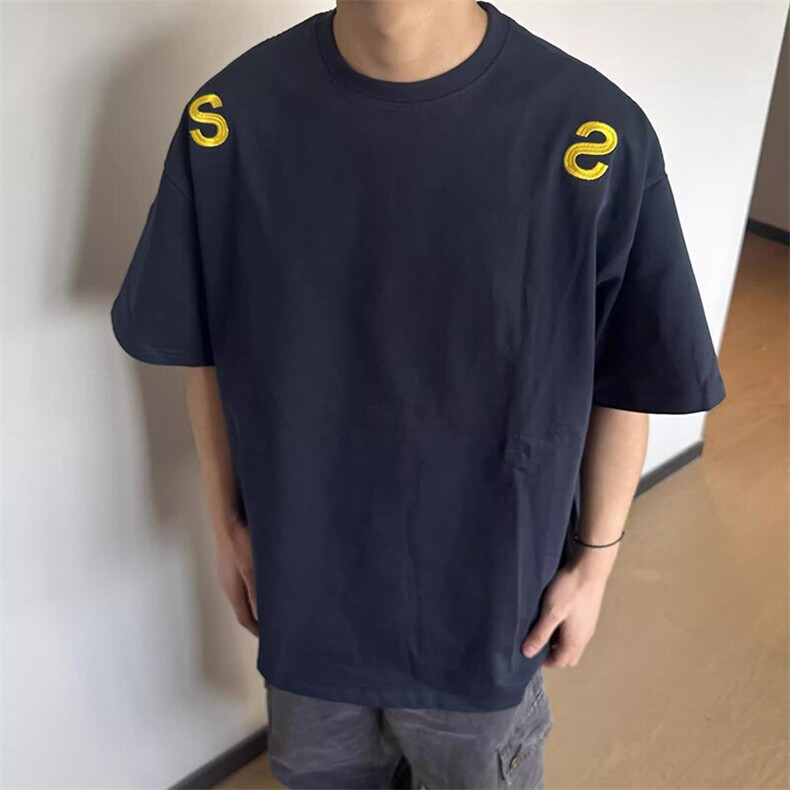 万针全刺绣工艺抖音得物高品质260克重磅纯棉双纱美式高街短袖T恤,男装T恤,电商A486