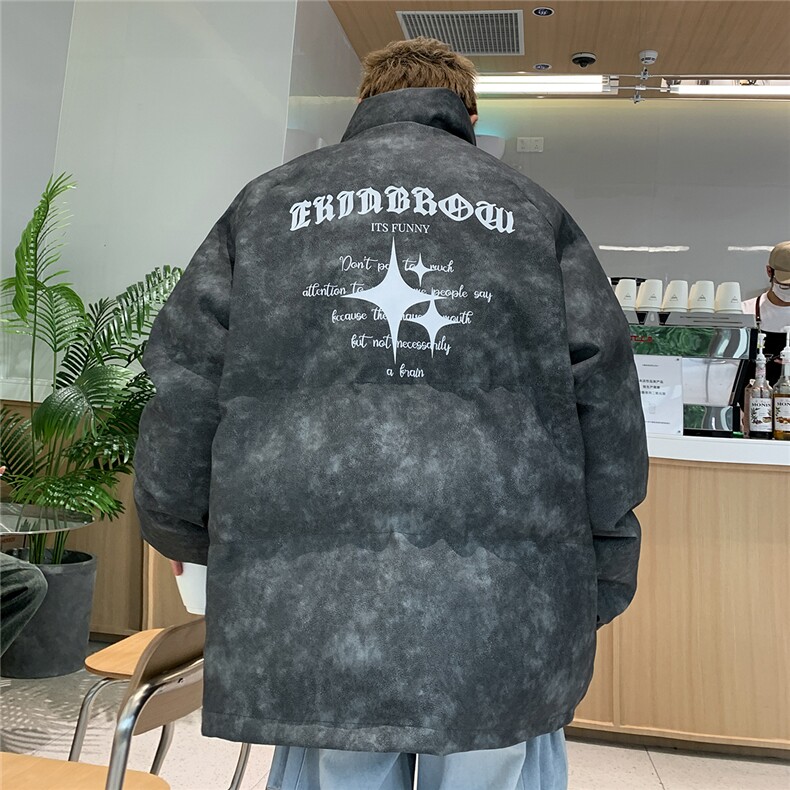 港风PU皮复古做旧可拆卸四芒星胸针设计棉衣男MY77721P128控168，男装棉衣，星座227-7