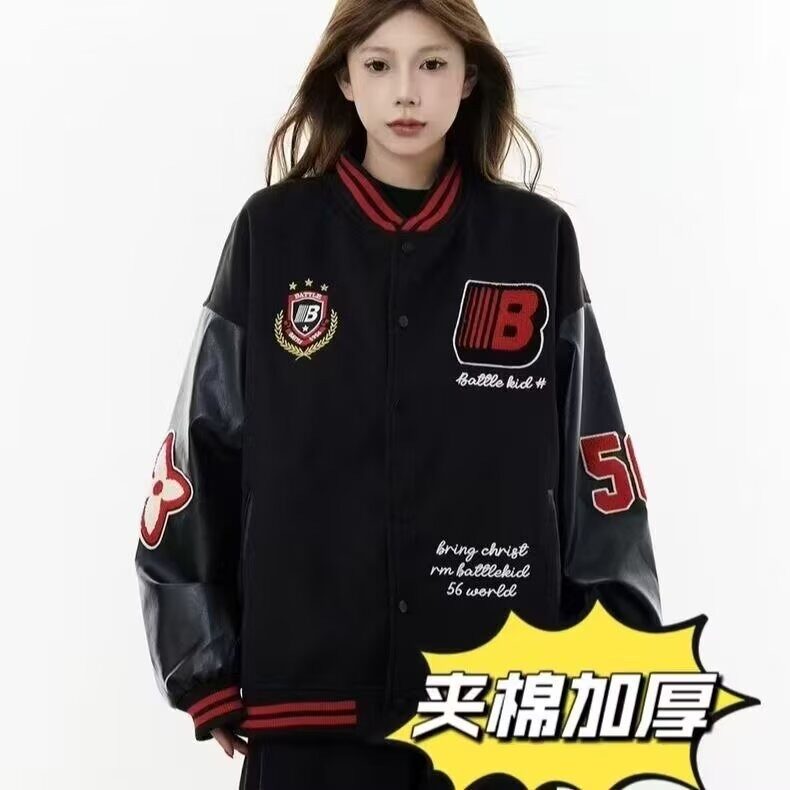 美式复古盾徽撞色夹克男女校园风重磅设计感外套秋冬加厚保暖棉服,男装夹克,星座302B-2