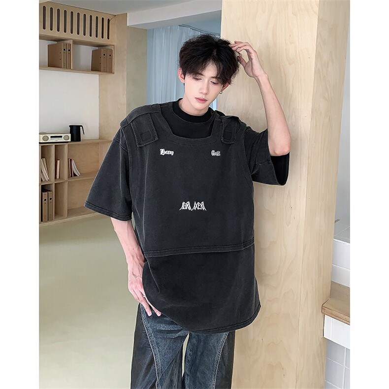 现货！25美式做旧设计感假两件刺绣短袖圆领T恤上衣DX189-P78,男装T恤,电商B288