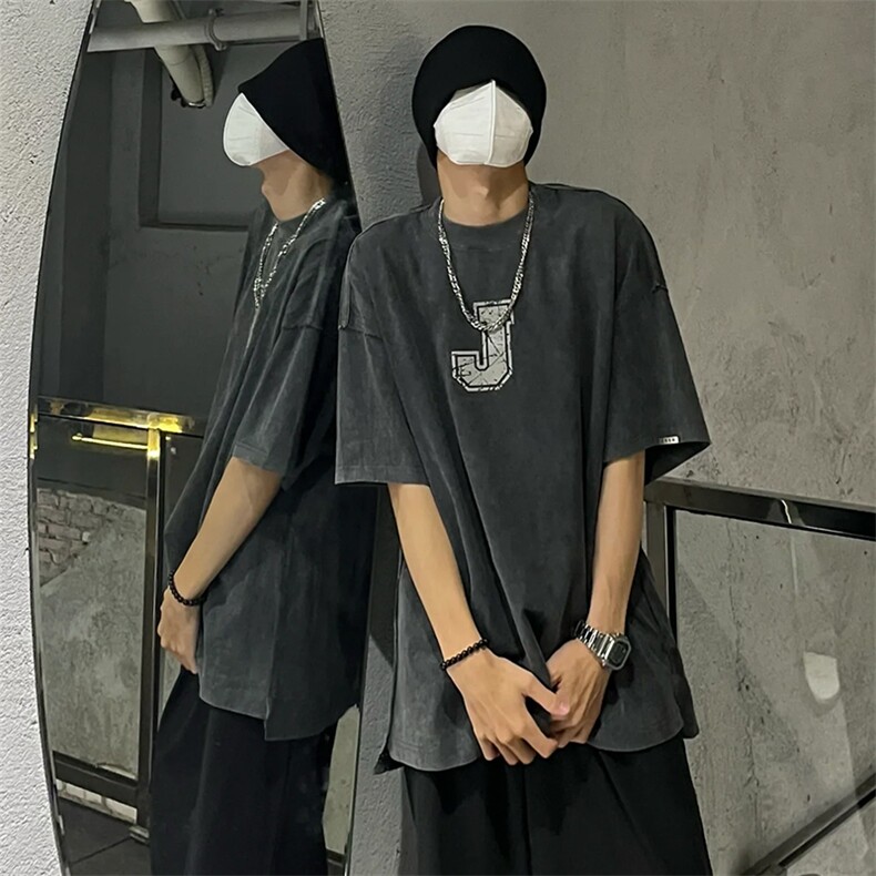 重磅抖音品质美式复古字母蜡染水洗做旧宽松短袖t恤DT60-P38,男装T恤,星座301C-5