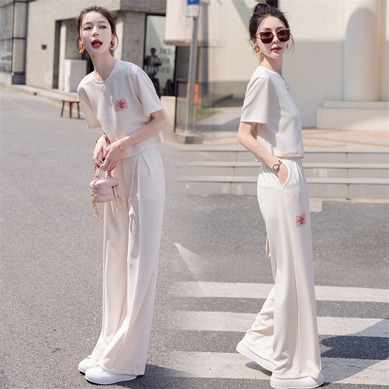 盐系炸街运动休闲套装女夏装2023新款高级感显瘦女神阔腿裤两件套,女装套装/套裙,仟媚宠