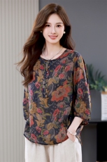2024夏季新款女装棉麻印花宽松显瘦长袖T恤，女装T恤，悦见她