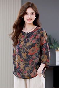 2024夏季新款女装棉麻印花宽松显瘦长袖T恤图片