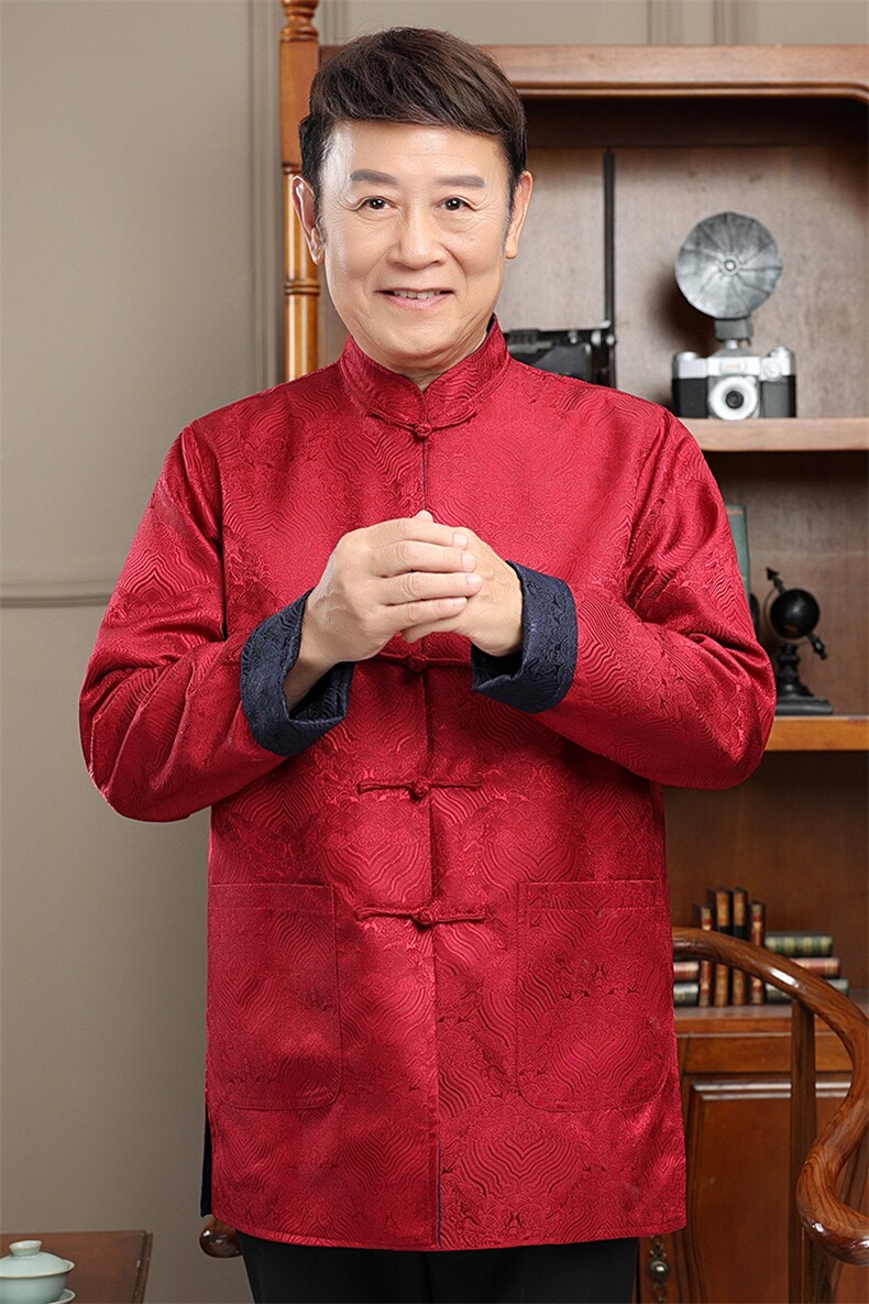 常货春款两面穿绸缎风唐装外套男士中老年新中式复古盘扣夹克,男装夹克,钱塘723