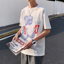 港风新款小熊印花T恤男夏季韩版百搭短袖休闲纯棉中袖T122P35控49图片