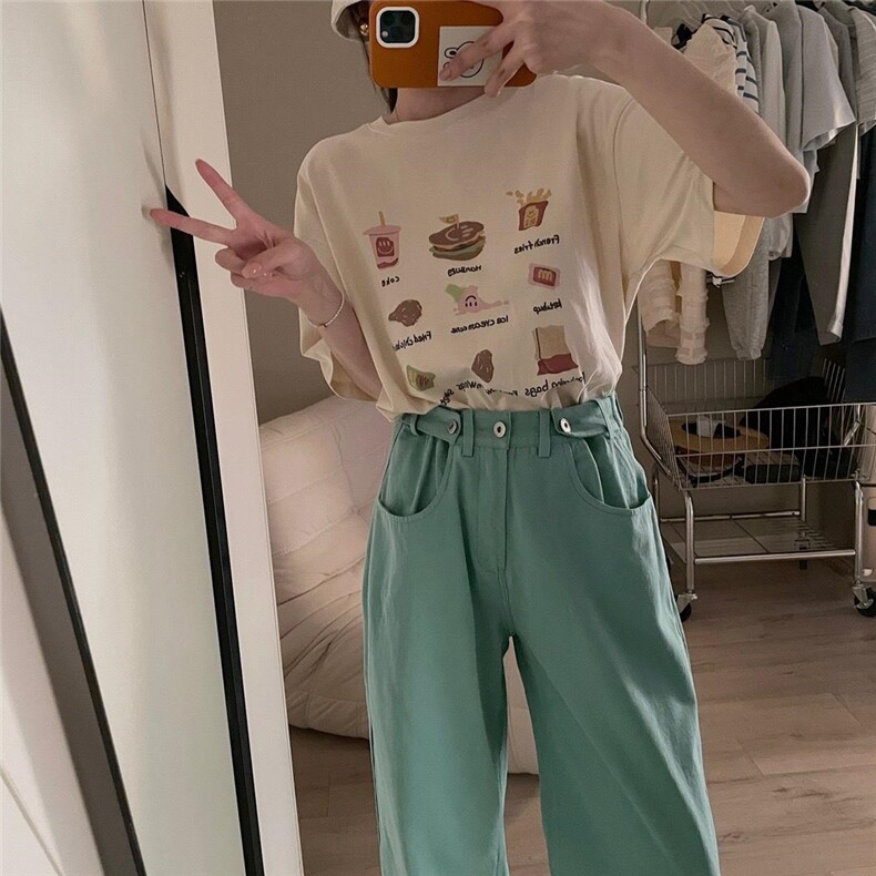 夏季新款现货，可调节韩色彩牛仔裤，女装牛仔裤，单井 Single Well