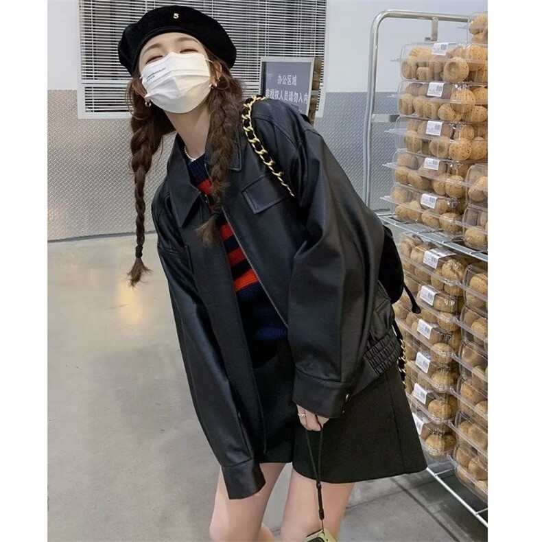 G128-P60 美式复古黑色机车皮衣2025年新款春秋款pu皮夹克短款图片