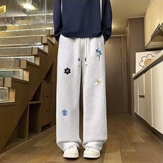 立体小花刺绣直筒宽松水洗牛仔裤男女美式复古情侣设计感阔腿长裤，女装休闲裤，星座1210-1