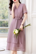 高级感天丝连衣裙女2023新款收腰显瘦别致漂亮气质夏天短袖长裙子，女装连衣裙，香水丽阁