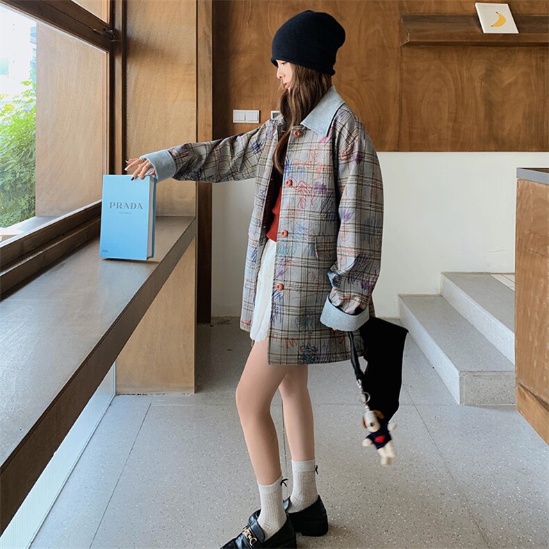 韩系休闲减龄单排扣灰色格子涂鸦风衣外套女2025春秋独特漂亮上衣,女装风衣,浙宝276（原081）