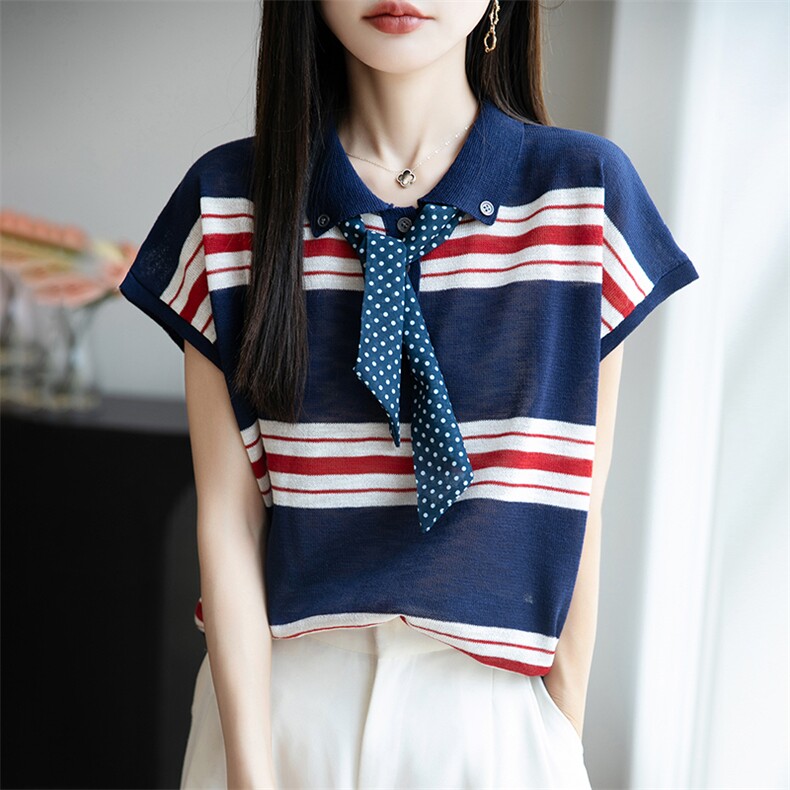 设计感Polo领纽扣丝巾条纹T恤女2025夏季款减龄百搭打底飞袖上衣,女装T恤,菲奥羊绒
