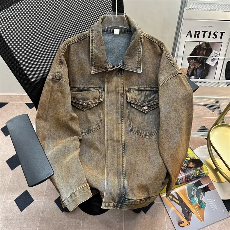 潮牌做旧牛仔夹克男款春秋季美式复古vintage外套宽松高级感上衣,男装夹克,星座601-2