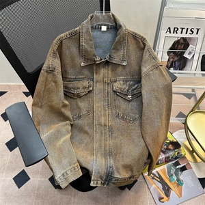 潮牌做旧牛仔夹克男款春秋季美式复古vintage外套宽松高级感上衣图片