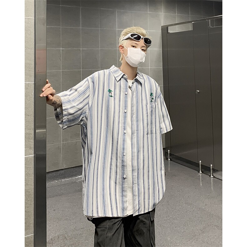 港风夏款男短袖衬衫条纹扎染刺绣宽松五分袖衬衣CS3003P38,男装衬衫,星座1013-1