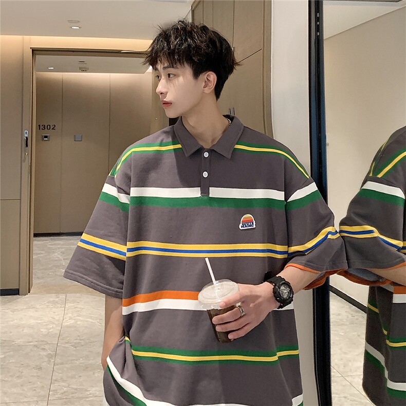 美式条纹短袖polo衫男女大码港风翻领短袖T恤男DP77010P50控78,男装T恤,星座227-7