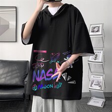 LD54186-P45NASA联名同款连帽短袖t恤男大码胖子带帽五分袖大皂风，男装T恤，电商A040