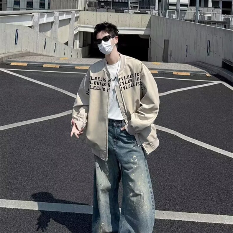 美式字母印花短款棒球服男春秋垫肩高级感痞帅外套JK38-P64,女装短外套,星座208-5