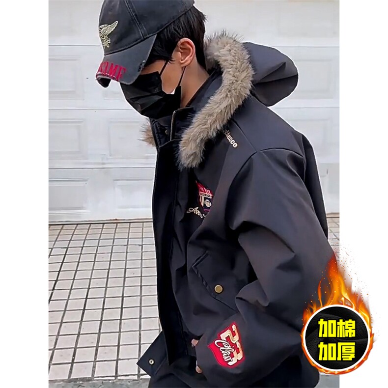 现货高品质美式高街重磅刺绣座山雕大毛毛领棉衣男女加厚棉服外套，男装棉衣，电商A443