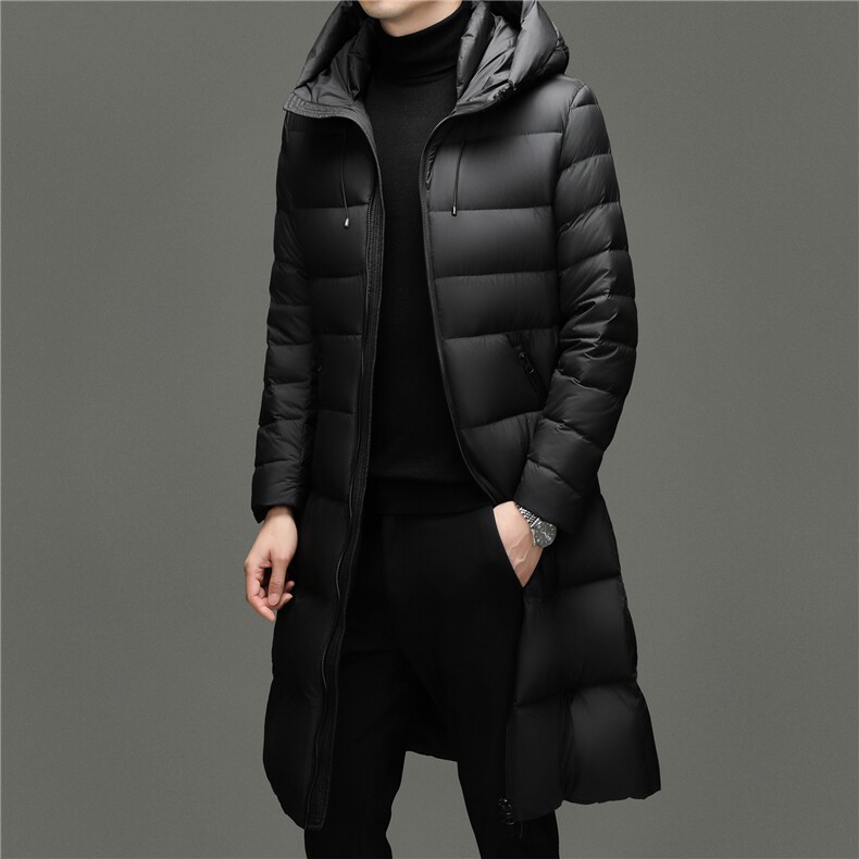 大货冬季男士连帽长款90%白鸭绒羽绒服大衣加厚240克羽绒外套,男装羽绒服,钱塘723
