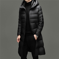 大货冬季男士连帽长款90%白鸭绒羽绒服大衣加厚240克羽绒外套，男装羽绒服，钱塘723