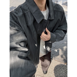 扎染翻领PU皮cleanfit美式高街大码夹克外套男J5228-特P75控138图片