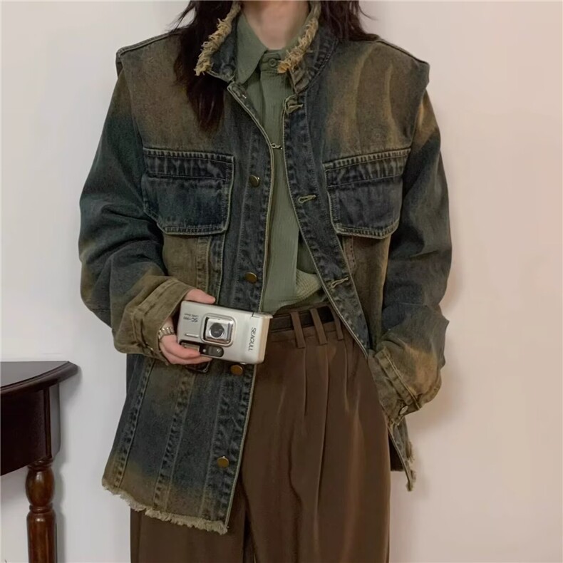 港风春秋款男女牛仔夹克衫立领流苏渐变色外套JK2053 P60图片