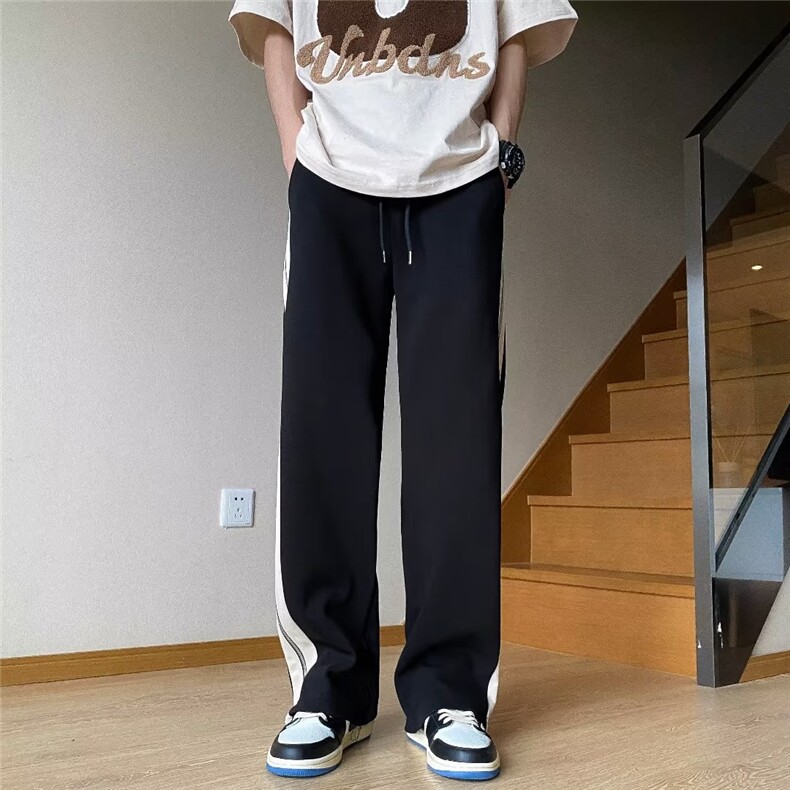 美式hiphop裤子男拉链开叉条纹直筒卫裤垂坠感oversize高街阔腿裤,男装休闲裤,星座601-2