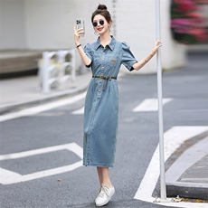 短袖牛仔连衣裙女中长款2025年夏装小个子洋气网红气质a字裙子，女装连衣裙，E百度