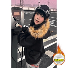 480G重磅加绒硬挺boxy秋冬美式高街超大毛领座山雕连帽卫衣厚外套，女装短外套，电商A486-1