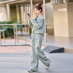 （新款现货）2026春秋高级感时尚休闲复古牛仔阔腿裤套装两件套图片