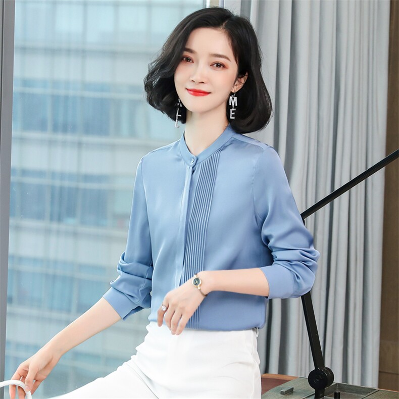 白色重磅真丝衬衫女长袖2025春装新款气质压褶职业百搭桑蚕丝上衣，女装衬衫，阿舍尔精品