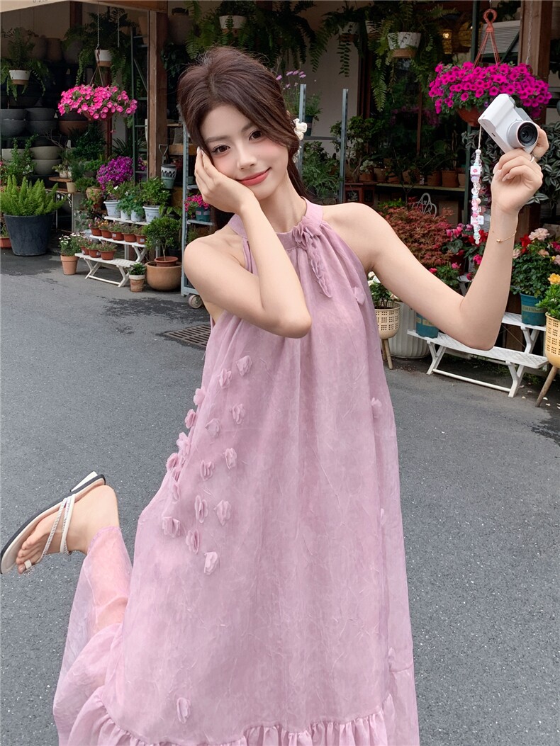 现货.现货新款法式度假风挂脖连衣裙2246-P160-K245,女装连衣裙,网红馆