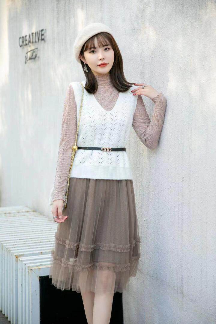 [现货]蕾丝拼接连衣裙马甲两件套，两色、三个尺码，女装连衣裙，依柏璐