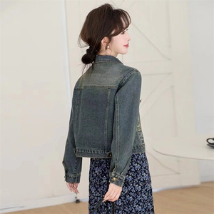 现货手工抹旧工艺复古小版型牛仔外套慵懒风宽松设计感上衣女图片